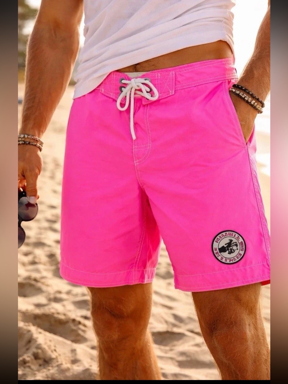 Hollister Board Shorts Men’s Small Neon Pink Y2K Swim Trunks Logo Patch Preppy